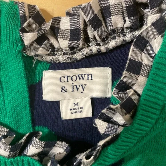 crown & ivy Green Sweater with Navy and White Gingham Trim Medium (QW) - Picture 5 of 7